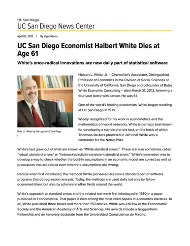 UC San Diego Economist Halbert White Dies at Age 61