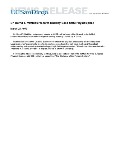 Dr. Bernd T. Matthias receives Buckley Solid State Physics prize