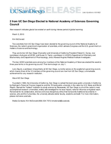 2 from UC San Diego Elected to National Academy of Sciences Governing Council--New research indicates glacial ice existed on earth during intense period of global warming