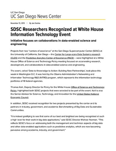 SDSC Researchers Recognized at White House Information Technology Event