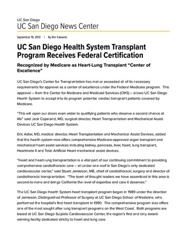 UC San Diego Health System Transplant Program Receives Federal Certification