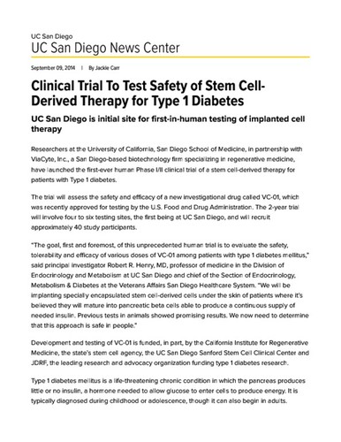 Clinical Trial To Test Safety of Stem Cell-Derived Therapy for Type 1 Diabetes