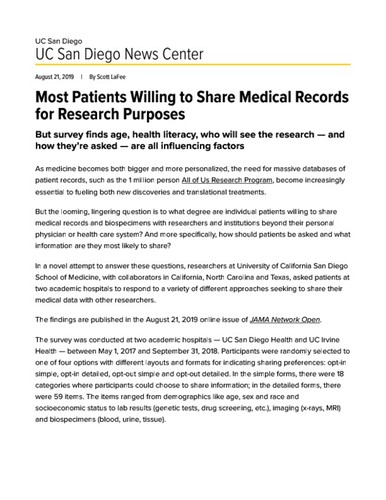 Most Patients Willing to Share Medical Records for Research Purposes