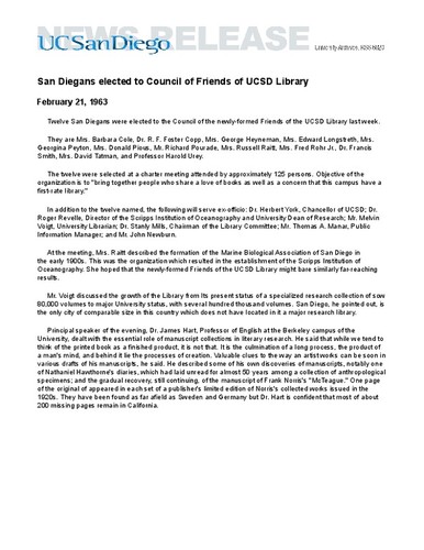 San Diegans elected to Council of Friends of UCSD Library