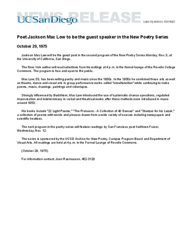 Poet Jackson Mac Low to be the guest speaker in the New Poetry Series