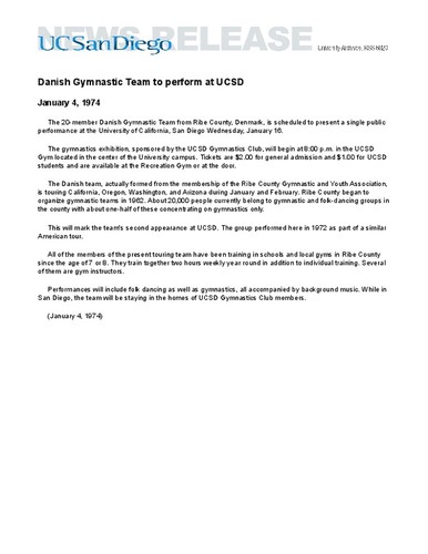 Danish Gymnastic Team to perform at UCSD
