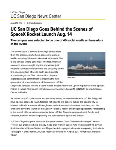 UC San Diego Goes Behind the Scenes of SpaceX Rocket Launch Aug. 14