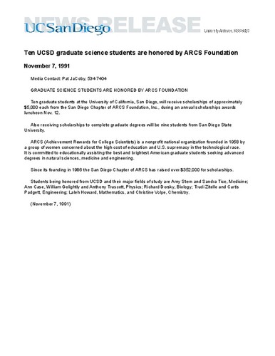 Ten UCSD graduate science students are honored by ARCS Foundation