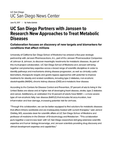 UC San Diego Partners with Janssen to Research New Approaches to Treat Metabolic Diseases