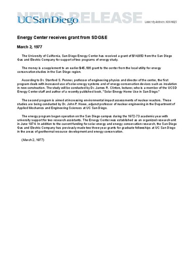 Energy Center receives grant from SDG&E