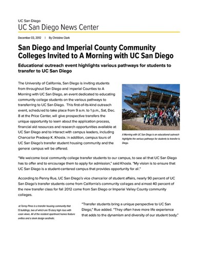 San Diego and Imperial County Community Colleges Invited to A Morning with UC San Diego