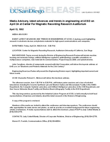 Media Advisory, latest advances and trends in engineering at UCSD on April 24 at Center For Magnetic Recording Research Auditorium