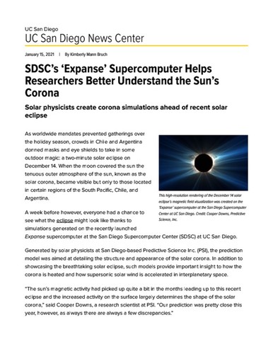SDSC's 'Expanse' Supercomputer Helps Researchers Better Understand the Sun’s Corona