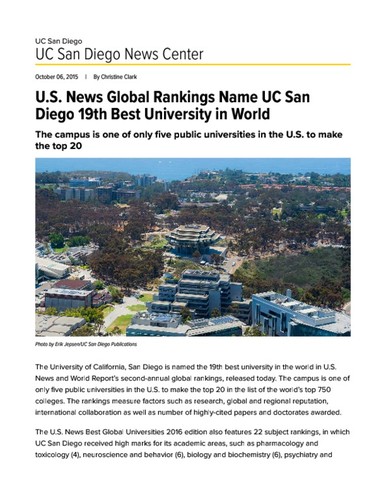 U.S. News Global Rankings Name UC San Diego 19th Best University in World