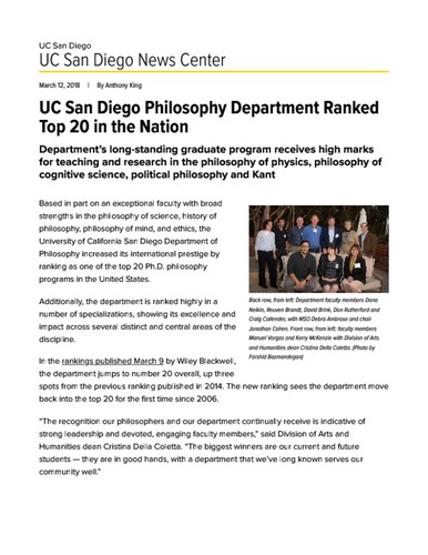 UC San Diego Philosophy Department Ranked Top 20 in the Nation