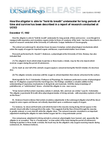 How the alligator is able to "hold its breath" underwater for long periods of time and survive has been described in a report of research conducted at UCSD