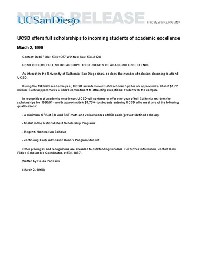 UCSD offers full scholarships to incoming students of academic excellence