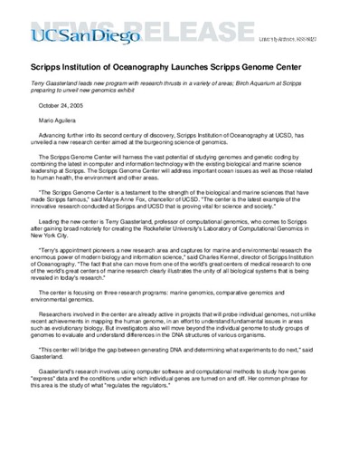 Scripps Institution of Oceanography Launches Scripps Genome Center--Terry Gaasterland leads new program with research thrusts in a variety of areas; Birch Aquarium at Scripps preparing to unveil new genomics exhibit