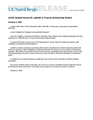 UCSD student Susan M. Ledwith is Truman Scholarship finalist — Calisphere