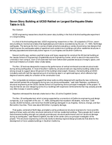 Seven Story Building at UCSD Rattled on Largest Earthquake Shake Table in U.S