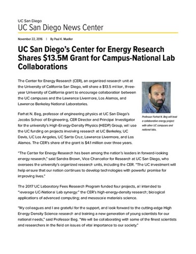 UC San Diego’s Center for Energy Research Shares $13.5M Grant for Campus-National Lab Collaborations