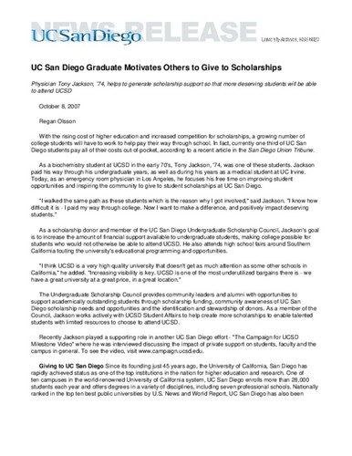 UC San Diego Graduate Motivates Others to Give to Scholarships--Physician Tony Jackson, ’74, helps to generate scholarship support so that more deserving students will be able to attend UCSD