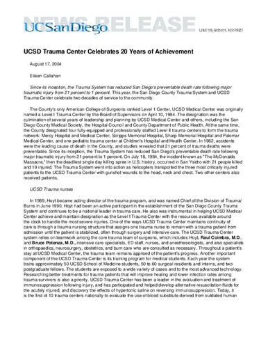 UCSD Trauma Center Celebrates 20 Years of Achievement