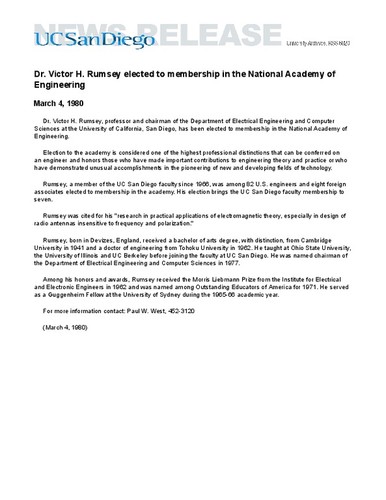 Dr. Victor H. Rumsey elected to membership in the National Academy of Engineering