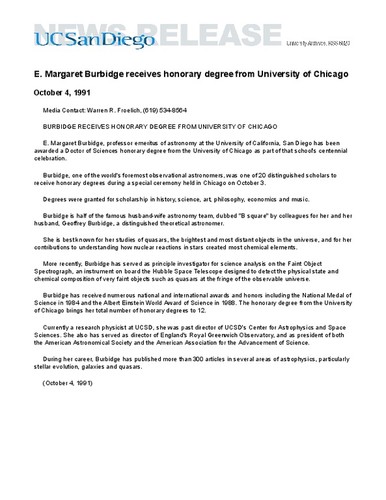 E. Margaret Burbidge receives honorary degree from University of Chicago