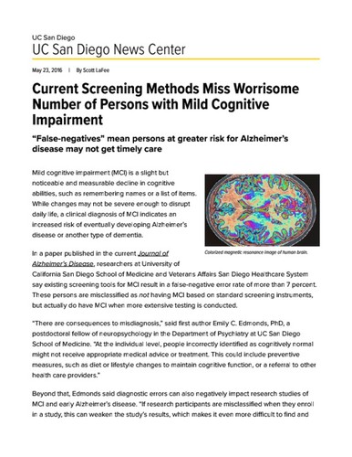 Current Screening Methods Miss Worrisome Number of Persons with Mild Cognitive Impairment