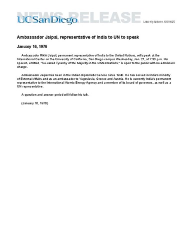 Ambassador Jaipal, representative of India to UN to speak