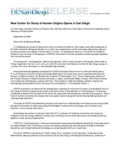 New Center for Study of Human Origins Opens in San Diego--UC San Diego and Salk Institute to Present Free, Half-Day Seminar on the Origin of Humans to Celebrate Grand Opening of Virtual Center