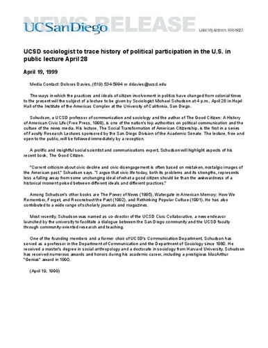 UCSD sociologist to trace history of political participation in the U.S. in public lecture April 28