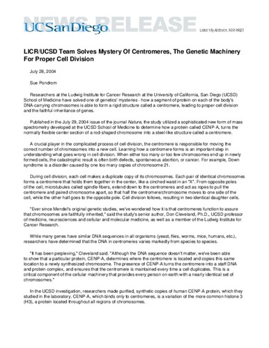 LICR/UCSD Team Solves Mystery Of Centromeres, The Genetic Machinery For Proper Cell Division