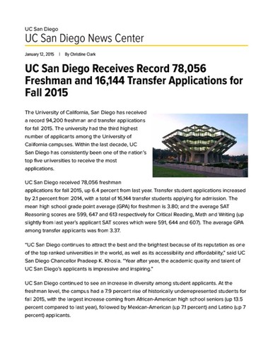 UC San Diego Receives Record 78,056 Freshman and 16,144 Transfer Applications for Fall 2015