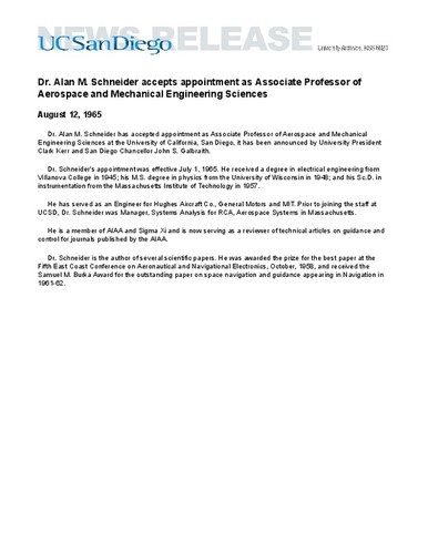 Dr. Alan M. Schneider accepts appointment as Associate Professor of Aerospace and Mechanical Engineering Sciences