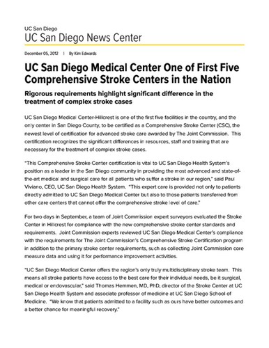 UC San Diego Medical Center One of First Five Comprehensive Stroke Centers in the Nation