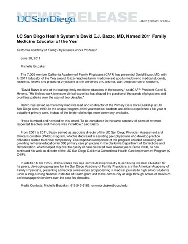 UC San Diego Health System's David E.J. Bazzo, MD, Named 2011 Family Medicine Educator of the Year--California Academy of Family Physicians Honors Professor