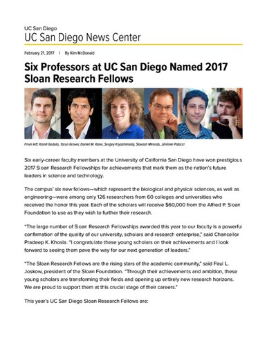 Six Professors at UC San Diego Named 2017 Sloan Research Fellows