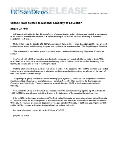 Michael Cole elected to National Academy of Education