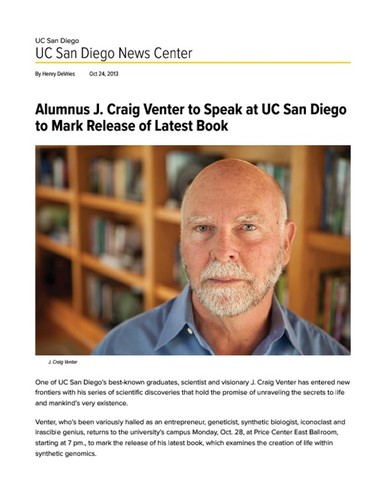 Alumnus J. Craig Venter to Speak at UC San Diego to Mark Release of Latest Book