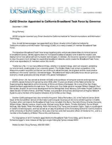 Calit2 Director Appointed to California Broadband Task Force by Governor