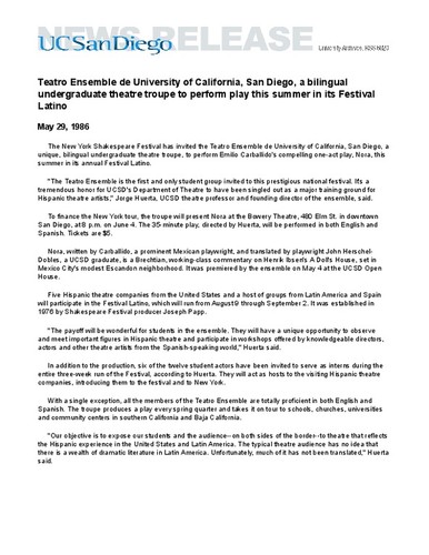Teatro Ensemble de University of California, San Diego, a bilingual undergraduate theatre troupe to perform play this summer in its Festival Latino