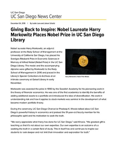 Giving Back to Inspire: Nobel Laureate Harry Markowitz Places Nobel Prize in UC San Diego Library