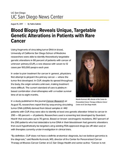 Blood Biopsy Reveals Unique, Targetable Genetic Alterations in Patients with Rare Cancer