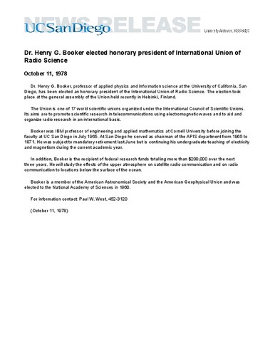 Dr. Henry G. Booker elected honorary president of International Union of Radio Science