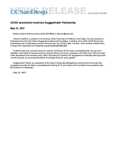UCSD economist receives Guggenheim Fellowship