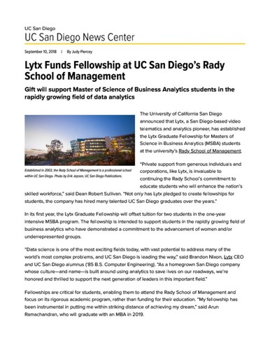 Lytx Funds Fellowship at UC San Diego’s Rady School of Management