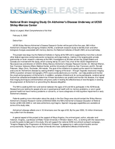 National Brain Imaging Study On Alzheimer's Disease Underway at UCSD Shiley-Marcos Center--Study is Largest, Most Comprehensive of Its Kind