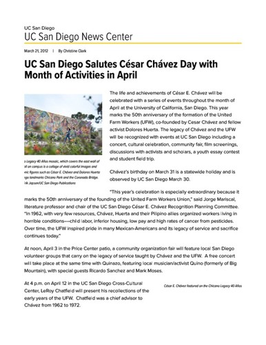 UC San Diego Salutes César Chávez Day with Month of Activities in April